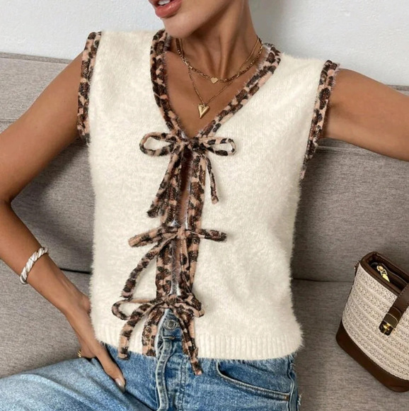 Jackets & Blazers - Women's Autumn/Winter Patchwork Leopard Print V-Neck Lace-Up Front